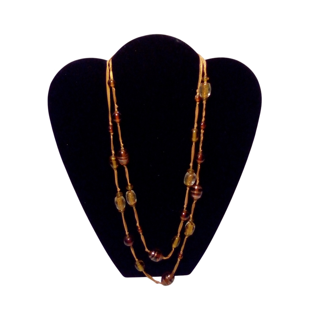 Fashion Necklace Brown Clear Beads Boho Prairie Office Single Ribbon Strand